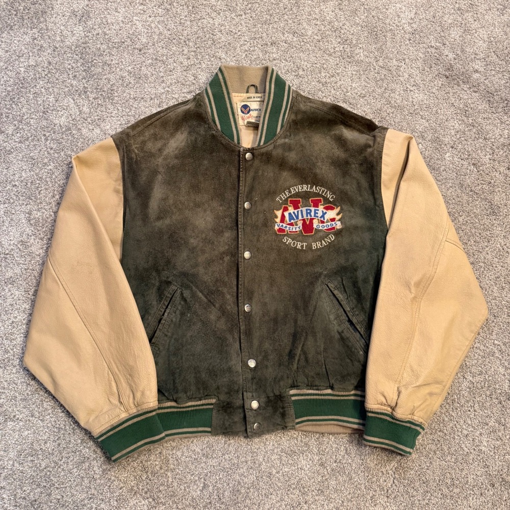 Avirex RARE Varsity Jacket Suede Leather Green Cream All Star Hall of Fame XS